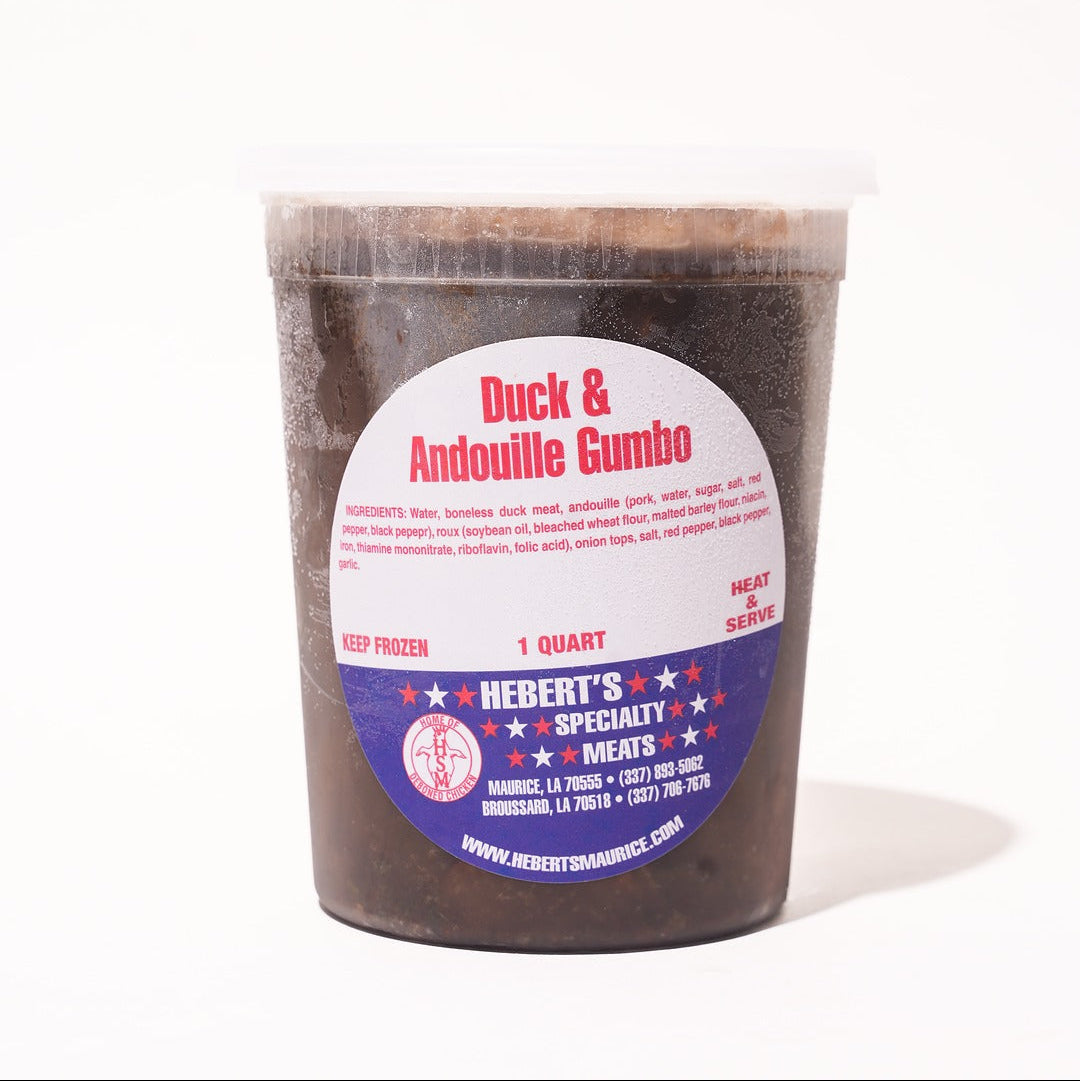 Container of Duck & Andouille Gumbo with a label on a white background